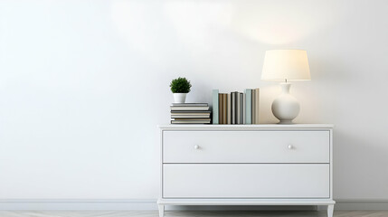 Modern Minimalist Interior Design White Room With Books Lamp And Plant On White Drawer