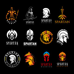 Spartan Warrior Logo Set, Ancient Greek Gladiator Helmet and Shield Emblems, Tactical Military Fighter Symbols, Bold and Modern Vector Design