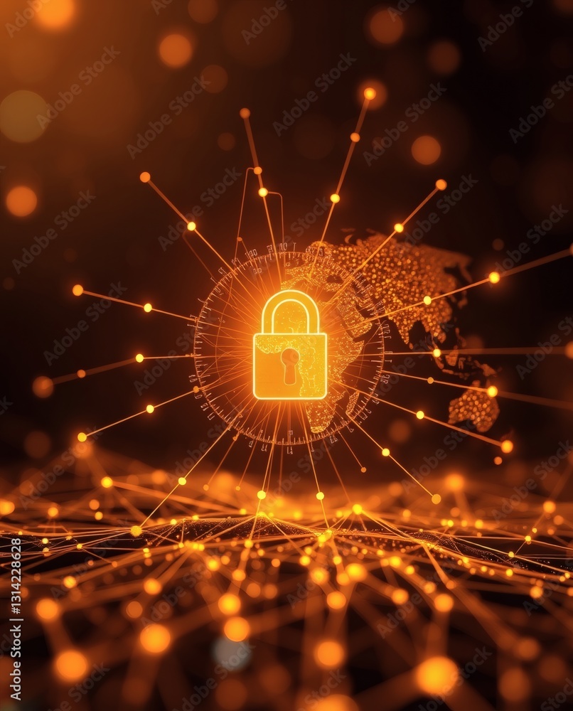 Poster a glowing padlock surrounded by a network of connecting lines and dots, with a subtle outline of the earth in the background. The padlock is symbolic of cybersecurity and data protection