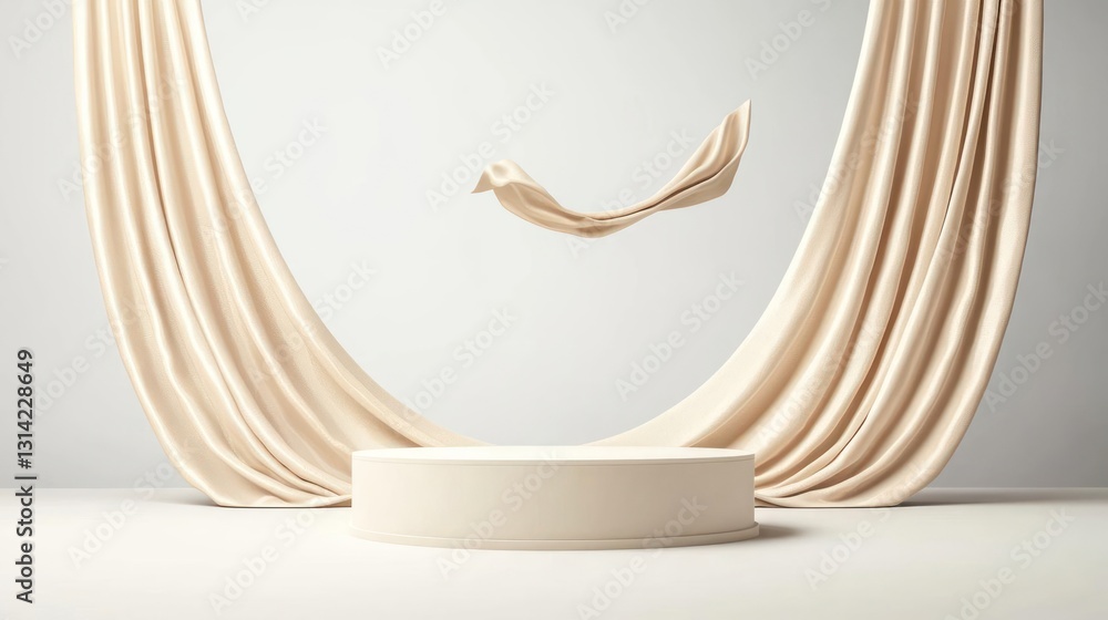 Poster elegant cream color podium displayed with flowing fabric drapes in soft lighting on a white backgrou