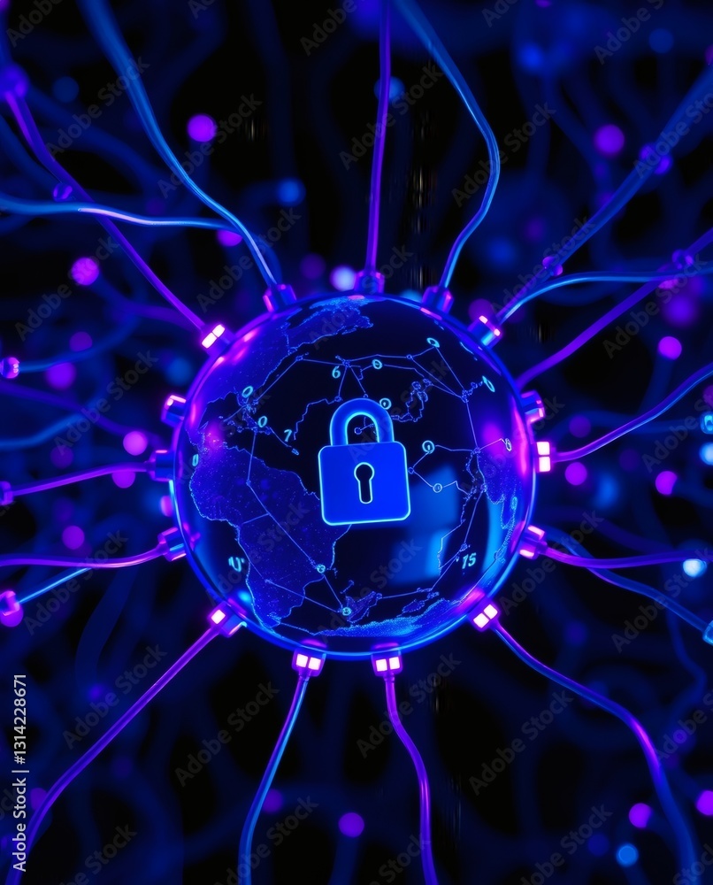 Poster a digital lock icon representing data security, connected to a network with neuron-like connections 