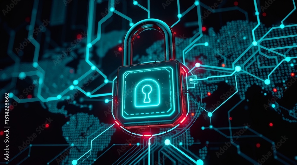 Poster a digital padlock overlaid on a glowing circuit board background, symbolizing cybersecurity. The circuit board features a world map