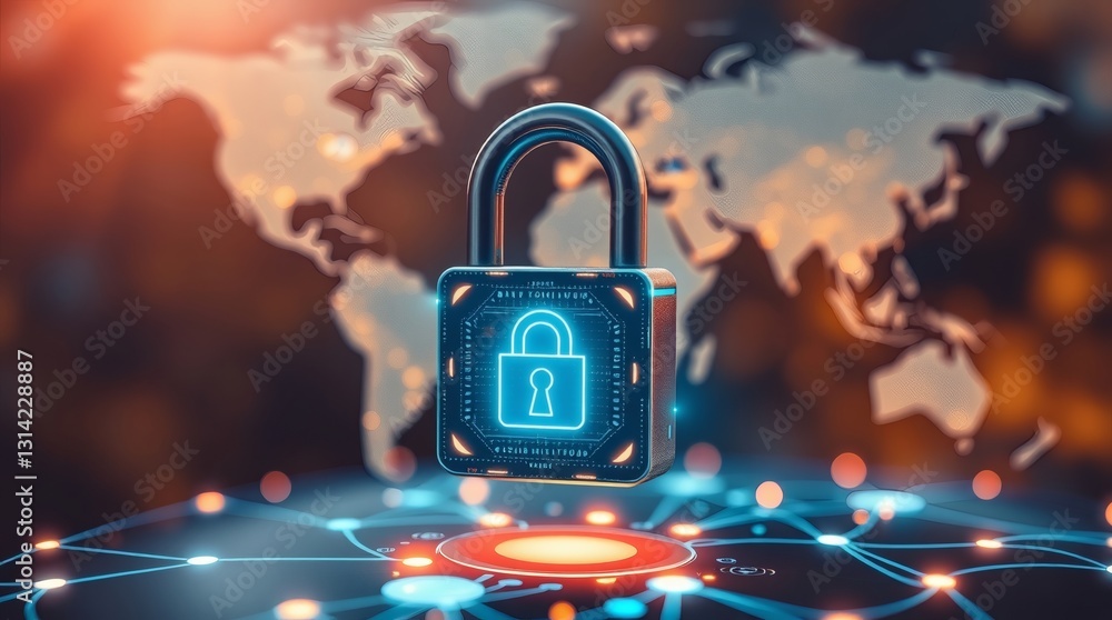 Poster digital lock on world map, symbolizing global cybersecurity and protection of data with glowing line