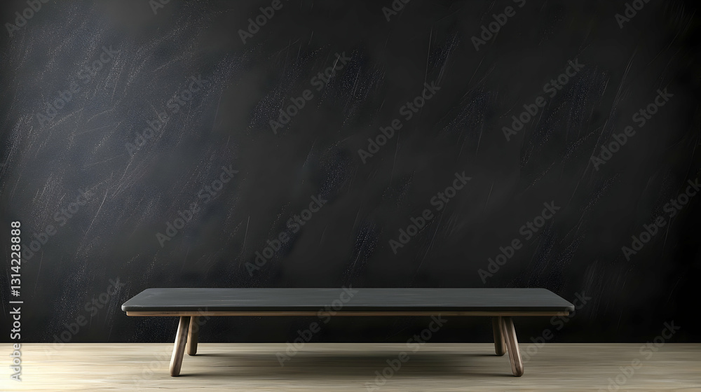Poster dark empty room with black table on wooden floor against textured wall background 3d rendering