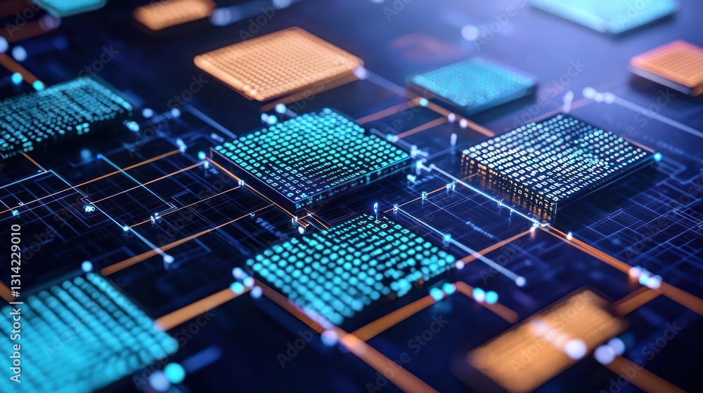 Poster abstract digital circuit board displaying interconnected microchips in blue and orange tones