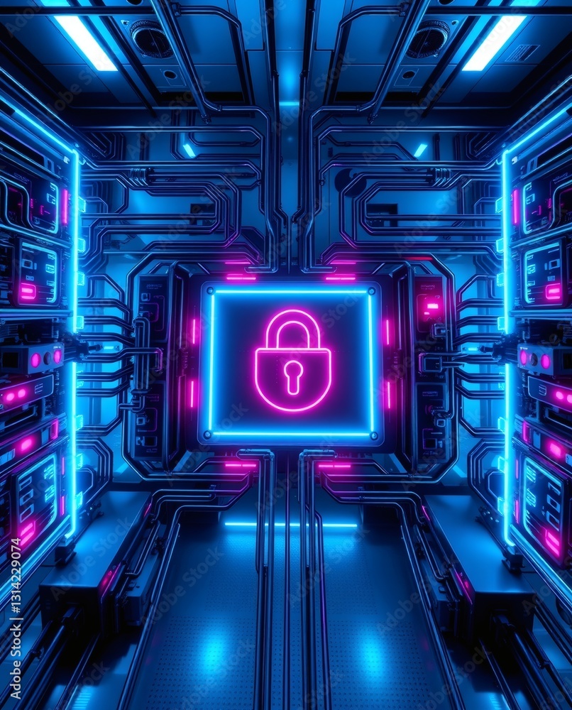 Poster a neon glowing lock symbol, representing security in the digital age. The futuristic design shows intricate circuits and a data server. The image glows in blue and purple