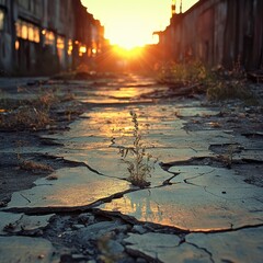 Abandoned urban street at sunset, cracked pavement, overgrown weeds, warm golden light, evokes nostalgia and solitude.