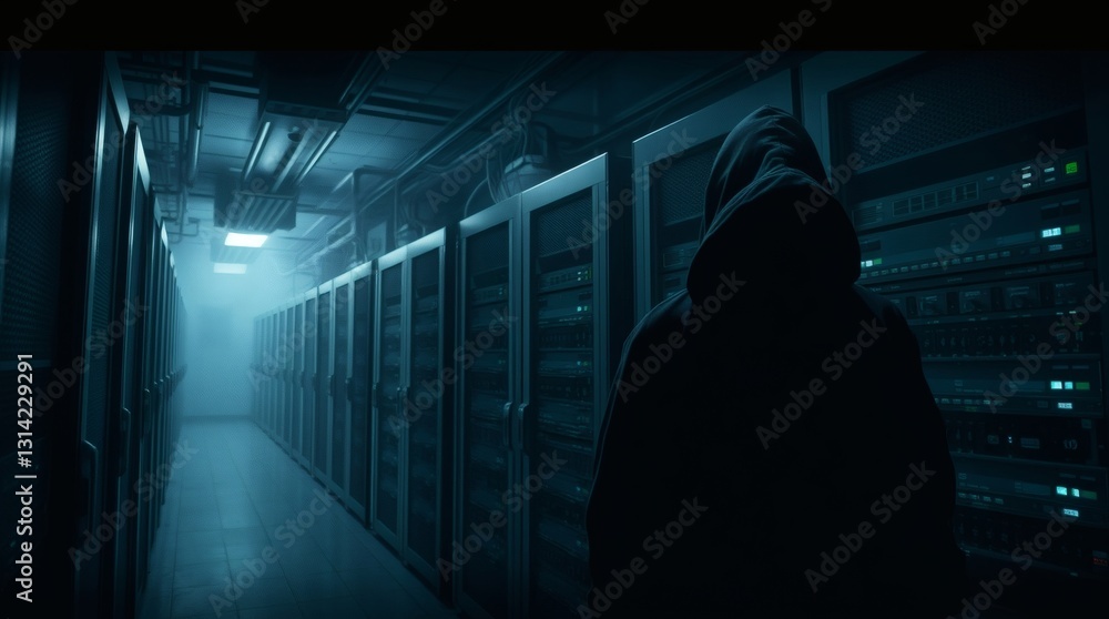 Poster a mysterious hooded figure stands in a data center, surrounded by rows of servers and cabinets, cast