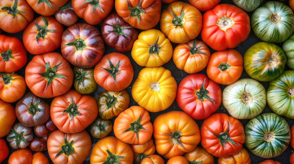 Variety of heirloom tomatoes in vibrant colors and unique shapes