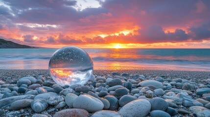 Obraz premium Sunset beach scene reflected in crystal ball
