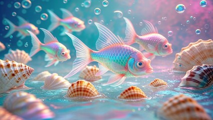 A group of cute, kawaii fish swim gracefully in a bright underwater environment filled with seashells and playful bubbles, showcasing their vibrant colors and whimsical charm