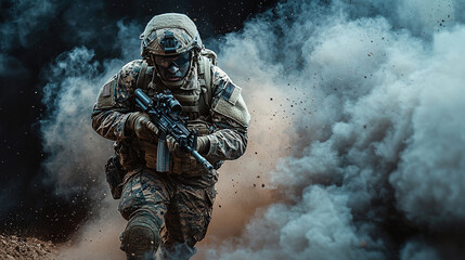Fototapeta premium soldier in tactical gear runs through smoke, showcasing determination and action