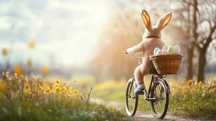 An Easter bunny riding a bicycle, carrying a basket of eggs.