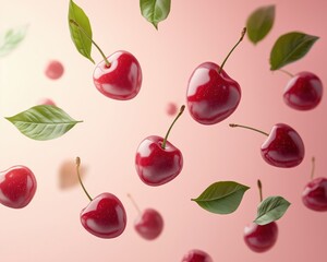 Juicy cherries suspended mid-air, covered in dewdrops, with a dreamy pastel backdrop.