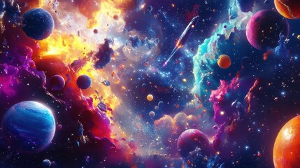 Naklejka premium A stunning close-up view of a vibrant cluster of planets within a swirling galaxy, showcasing their diverse colors and textures against a backdrop of twinkling stars and cosmic dust.