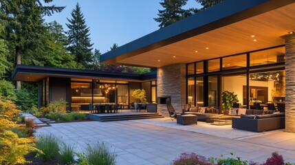 Modern Luxury Home with Spacious Patio at Sunset, Embracing Golden Hour Warmth and Elegance