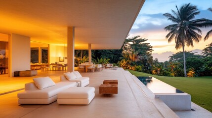 Modern Luxury Home with Spacious Patio at Sunset, Embracing Golden Hour Warmth and Elegance