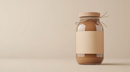 Mockup of jar with caramel-colored content, with craft paper label, beige lid, with twine bow. Handmade product with sticker for branding, logo