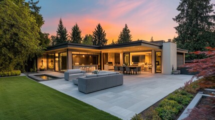 Modern Luxury Home with Spacious Patio at Sunset, Embracing Golden Hour Warmth and Elegance
