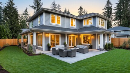 Modern Luxury Home with Spacious Patio at Sunset, Embracing Golden Hour Warmth and Elegance