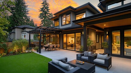 Modern Luxury Home with Spacious Patio at Sunset, Embracing Golden Hour Warmth and Elegance