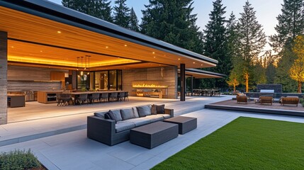 Modern Luxury Home with Spacious Patio at Sunset, Embracing Golden Hour Warmth and Elegance