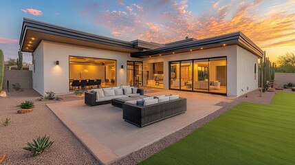 Modern Luxury Home with Spacious Patio at Sunset, Embracing Golden Hour Warmth and Elegance
