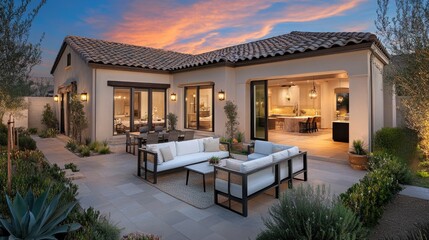 Modern Luxury Home with Spacious Patio at Sunset, Embracing Golden Hour Warmth and Elegance