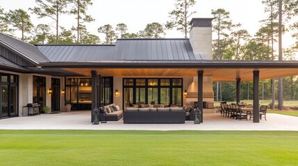Modern Luxury Home with Spacious Patio at Sunset, Embracing Golden Hour Warmth and Elegance