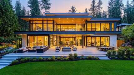 Modern Luxury Home with Spacious Patio at Sunset, Embracing Golden Hour Warmth and Elegance
