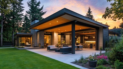 Modern Luxury Home with Spacious Patio at Sunset, Embracing Golden Hour Warmth and Elegance
