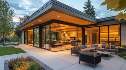 Modern Luxury Home with Spacious Patio at Sunset, Embracing Golden Hour Warmth and Elegance