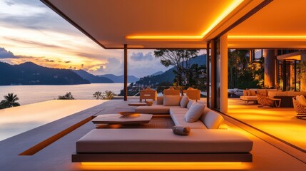 Modern Luxury Home with Spacious Patio at Sunset, Embracing Golden Hour Warmth and Elegance