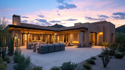 Modern Luxury Home with Spacious Patio at Sunset, Embracing Golden Hour Warmth and Elegance