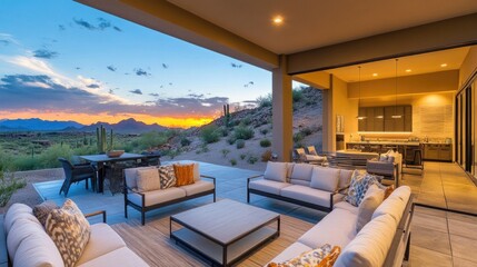 Modern Luxury Home with Spacious Patio at Sunset, Embracing Golden Hour Warmth and Elegance