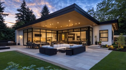 Modern Luxury Home with Spacious Patio at Sunset, Embracing Golden Hour Warmth and Elegance