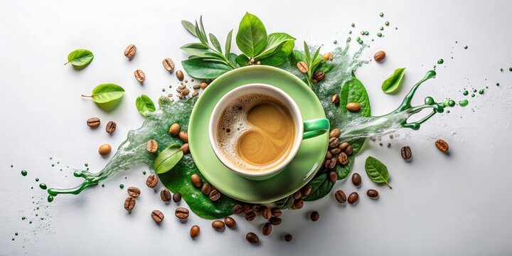 Coffee Addict Mug Flat Lay Photography: Earthy Tones, Water Splash Background, Overhead Shot