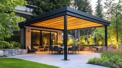 Modern Luxury Home with Spacious Patio at Sunset, Embracing Golden Hour Warmth and Elegance