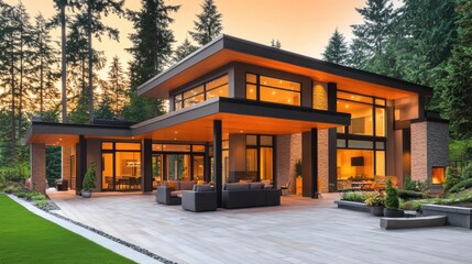 Modern Luxury Home with Spacious Patio at Sunset, Embracing Golden Hour Warmth and Elegance