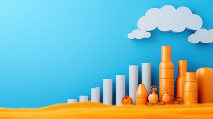 Colorful financial growth chart, vibrant bars ascending towards a cloudy sky, ideal for business presentations or reports.