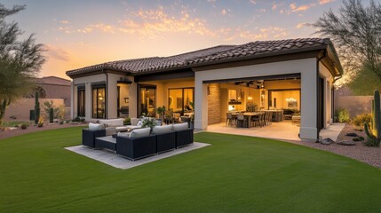 Modern Luxury Home with Spacious Patio at Sunset, Embracing Golden Hour Warmth and Elegance