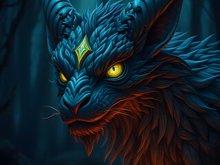 Fototapeta premium Majestic Blue Dragon Creature with Glowing Eyes in a Dark Forest, Fantasy Art Digital Painting
