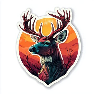 Stylish Vector Art Sticker: Illustrated Single Mule Deer with Sunset Background on Clean White Backdrop