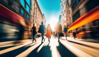 People walking in blurred motion on the street. 