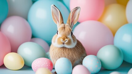 A rabbit surrounded by pastel balloons and Easter decorations.