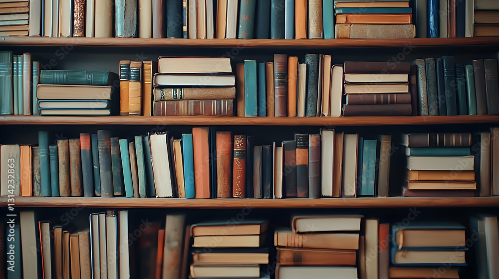 Poster a wooden bookshelf filled with a diverse collection of books in a library setting showcasing knowled