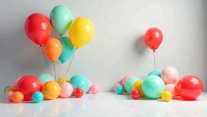 A cluster of colorful balloons floats against a simple backdrop, a single balloon hovers separately, and smaller balloons are scattered on the floor, creating a vibrant and playful scene.