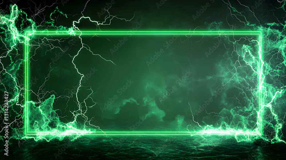 Poster vivid green neon frame with abstract energy effect and dark background illuminating a textured floor