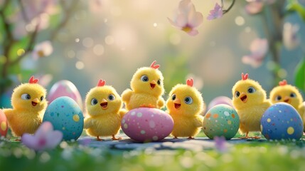 A group of cartoon chicks hatching from colorful Easter eggs.