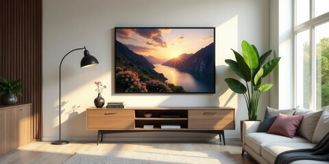 Serene Sunset Landscape Artwork Displayed on Modern Entertainment Center in a Sunlit Living Room